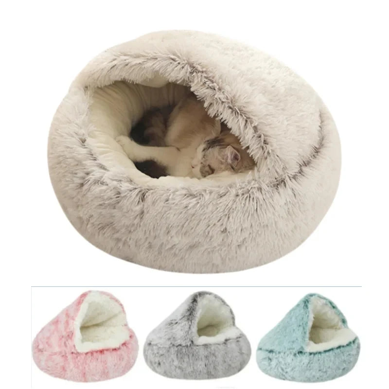 2-in-1 Cozy Plush Cat Bed – Warm Hooded Nest