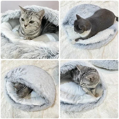 2-in-1 Cozy Plush Cat Bed – Warm Hooded Nest