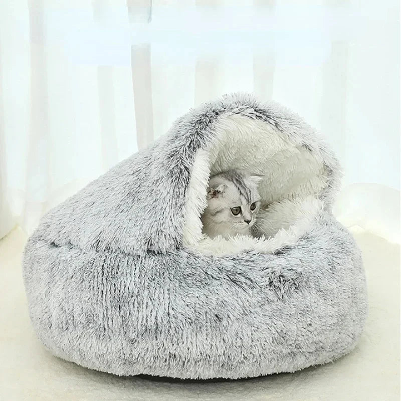 2-in-1 Cozy Plush Cat Bed – Warm Hooded Nest