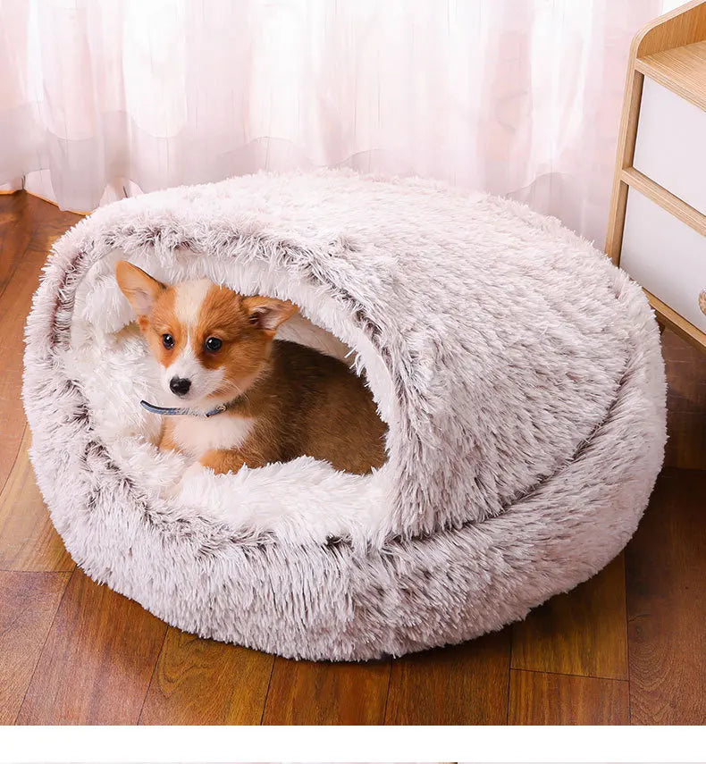 2-in-1 Cozy Plush Cat Bed – Warm Hooded Nest